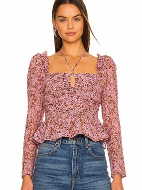 ASTR The Label Toni Ruched Floral Peplum Top Black Pink Size M Cottagecore chic